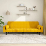 Dvivietė sofa-lova su dvejomis pagalvėmis, geltona, aksomas