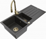 Granitinė virtuvinė plautuvė Mexen Andres su mai&scaron;ytuvu ir sifonu, Black granite/gold