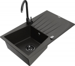 Granitinė virtuvinė plautuvė Mexen Cesar su mai&scaron;ytuvu ir sifonu, Metallic black/gold/black