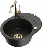 Granitinė virtuvinė plautuvė Mexen Kevin su mai&scaron;ytuvu ir sifonu, Metallic black/gold/Gold