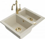Granitinė virtuvinė plautuvė Mexen Carlos su mai&scaron;ytuvu ir sifonu, Beige+Gold