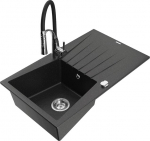 Granitinė virtuvinė plautuvė Mexen Cesar su mai&scaron;ytuvu ir sifonu, Metallic black/silver/black/chrome