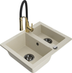 Granitinė virtuvinė plautuvė Mexen Carlos su mai&scaron;ytuvu ir sifonu, Beige+Black/Gold
