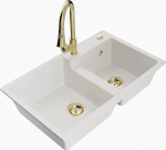 Granitinė virtuvinė plautuvė Mexen Tomas su mai&scaron;ytuvu ir sifonu, White/Gold