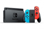 Nintendo Switch console with a neon red joy-con and a neon blue joy-con