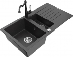 Granitinė virtuvinė plautuvė Mexen Matias su mai&scaron;ytuvu ir sifonu, Black granite/Black