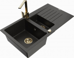 Granitinė virtuvinė plautuvė Mexen Matias su mai&scaron;ytuvu ir sifonu, Metallic black/Gold