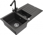 Granitinė virtuvinė plautuvė Mexen Matias su mai&scaron;ytuvu ir sifonu, Black granite/Black