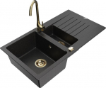 Granitinė virtuvinė plautuvė Mexen Matias su mai&scaron;ytuvu ir sifonu, Metallic black/Silver/Gold