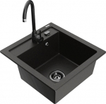 Granitinė virtuvinė plautuvė Mexen Vito su mai&scaron;ytuvu ir sifonu, Metallic black/gold+Black