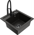 Granitinė virtuvinė plautuvė Mexen Vito su mai&scaron;ytuvu ir sifonu, Metallic black/gold+Black