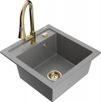 Granitinė virtuvinė plautuvė Mexen Vito su mai&scaron;ytuvu ir sifonu, Grey+Gold