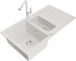 Granitinė virtuvinė plautuvė Mexen Matias su mai&scaron;ytuvu ir sifonu, White/Chrome
