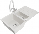 Granitinė virtuvinė plautuvė Mexen Matias su mai&scaron;ytuvu ir sifonu, White/Chrome