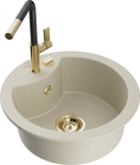 Granitinė virtuvinė plautuvė Mexen Diego su mai&scaron;ytuvu ir sifonu, Beige/Black/Gold