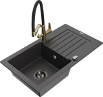 Granitinė virtuvinė plautuvė Mexen Pablo su mai&scaron;ytuvu ir sifonu, Black granite/Black/Gold