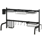 HOMCOM Indų nusausinimo stovas 2 pakopų indų nusausinimo stovas, nusausinimo stovas su kabliuku, nusausinimo padėklas, plienas, juodas, 51-93 cm