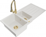 Granitinė virtuvinė plautuvė Mexen Andres su mai&scaron;ytuvu ir sifonu, White/Gold