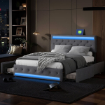 Apmu&scaron;ta lininė lova 140x190 su 4 stalčiais, LED galvugaliu ir USB/Type-C įkrovimu, modernus pilkas dizainas