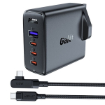 Greitas GaN įkroviklis su UK ki&scaron;tuku, 100W, 3x USB-C, USB, juodas