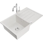 Mexen Bruno granito virtuvės kriauklė su viena kamera, nuotekų sudėtimi ir virtuviniu čiaupu Carla, balta - 6513-20-670700-00, 795x495x200 mm