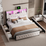 Lova 140x200 cm su LED ap&scaron;vietimu ir 4 stalčiais - su USB jungtimis ir daiktadėže - aksominė - smėlio spalvos
