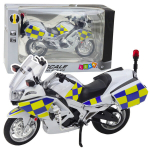 Metalinis policijos motociklo modelis su &scaron;viesos ir garso efektais, 1:12, baltas