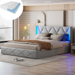 Dvigulė lova, 160 x 200 cm, su čiužiniu, LED ap&scaron;vietimu, hidrauliniu pakėlimo mechanizmu, pilka, aptraukta pliu&scaron;iniu audiniu