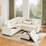 Kampinė sofa-lova su USB ir staliuku 205x205x85 cm, smėlio 1 vnt.