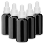 Juodas 50 ml stiklinis butelis su balta pipete ir apsauginiu žiedu, 5 vnt. rinkinys
