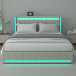 Dvigulė lova 160 x 200 cm, su LED ap&scaron;vietimu, USB jungtimi ir 4 stalčiais, smėlio spalvos, linas, be čiužinio