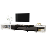 Moderni TV spintelė, reguliuojamas ilgis 140-260 cm, sukama, baltas marmuras, juodas blizgus/matinis, aukso detalės