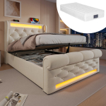 Viengulė mink&scaron;ta lova su LED USB ir laikymo galvūgaliu 90x200 cm su čiužiniu 1 vnt