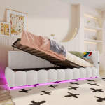 Dieninė lova 90x200 su LED, USB ir hidrauline daiktadėže balta