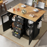 Virtuvės sala su stalčiais, lentynomis ir prieskonių laikikliu 120x73x93 cm, balta/juoda