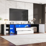 TV spinta 180x40x45 cm, blizgi, LED, 2 stalčiai, 2 spintelės, juoda/balta