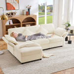 L formos kampinė sofa su pufu, Chenille, 3 vietų, su 4 pagalvėmis, beige