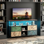 TV spintelė su LED ap&scaron;vietimu ir 4 spalvotais medžiaginiais stalčiais modernus TV stovas su laikymo sistema