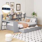 Sulankstoma sofa 90x200 cm, stalas, lentynos, USB, 2 stalčiai, pilka