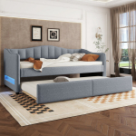 Daybett 90x200 cm, su i&scaron;traukiama lova, LED, linų audinys, pilka