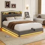 Dvigulė lova 160x200 cm, lova su grotelių pagrindu ir LED ap&scaron;vietimu, galvūgaliu su USB C jungtimi, pilka, aksominė