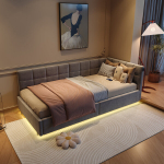 Mink&scaron;ta vaikų ir jaunimo lova 90 &times; 200 cm su LED ap&scaron;vietimu ir USB jungtimi, lova su hidrauline daiktų laikymo sistema, sofa-lova / viengulė lova / dieninė lova / svečių lova su grotelėmis, veliūras
