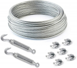 Plieninis trosas &ndash; galvanizuotas, 3 mm &ndash; trosų konstrukcija: 6 x 7 + 6 spaustukai + 2 įtempimo kabliai &ndash; įvairių dydžių