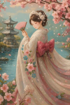 Japoni&scaron;ka gei&scaron;a prie sakuros &ndash; Tapyba pagal skaičius, 40&times;50 cm, be rėmelio