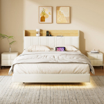 Lova 140 &times; 200 cm, su LED ap&scaron;vietimu ir USB jungtimi, galvūgaliu su daiktadėže, balta