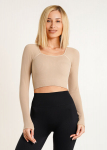 Trumpas siaurų juostelių megztas ilgarankovis topas CROP TOP RIB Giulia, spalva naturalе, Universalus