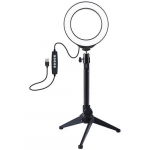 Žiedinė lempa LED 12 cm su trikoju staliniu stovu iki 24.5 cm, RGBW, USB