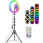 RGB LED ring | RGB LED žiedas, 10 colių žiedinė lempa su stovu, telefono laikiklis ir belaidis nuotolinio valdymo pultas