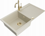 Granitinė virtuvinė plautuvė Mexen Leo su mai&scaron;ytuvu ir sifonu, Beige+Gold