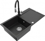 Granitinė virtuvinė plautuvė Mexen Leo su mai&scaron;ytuvu ir sifonu, Metallic black/silver+Black